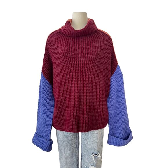 Free People Park City Colorblock Turtleneck Knit Pullover Sweater M Oversized - Picture 1 of 11